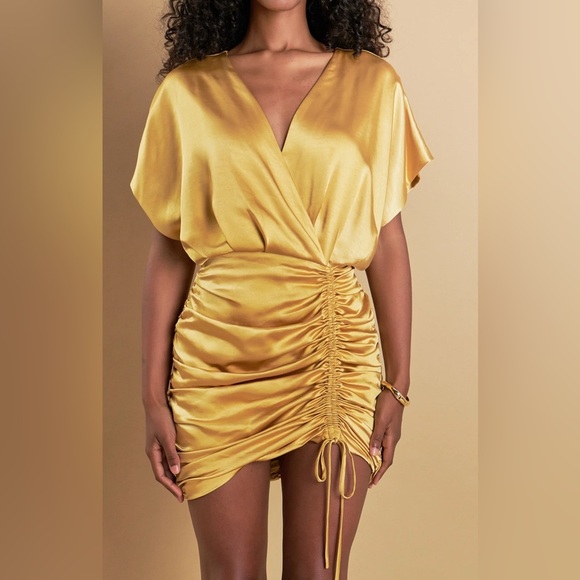 Endless Rose Shirred Gold Satin Ruched Mini Dress NEW - Picture 6 of 13
